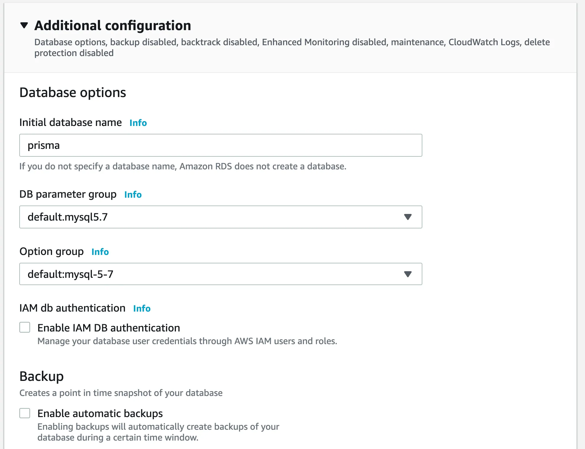Specify the default database and automated backups.
