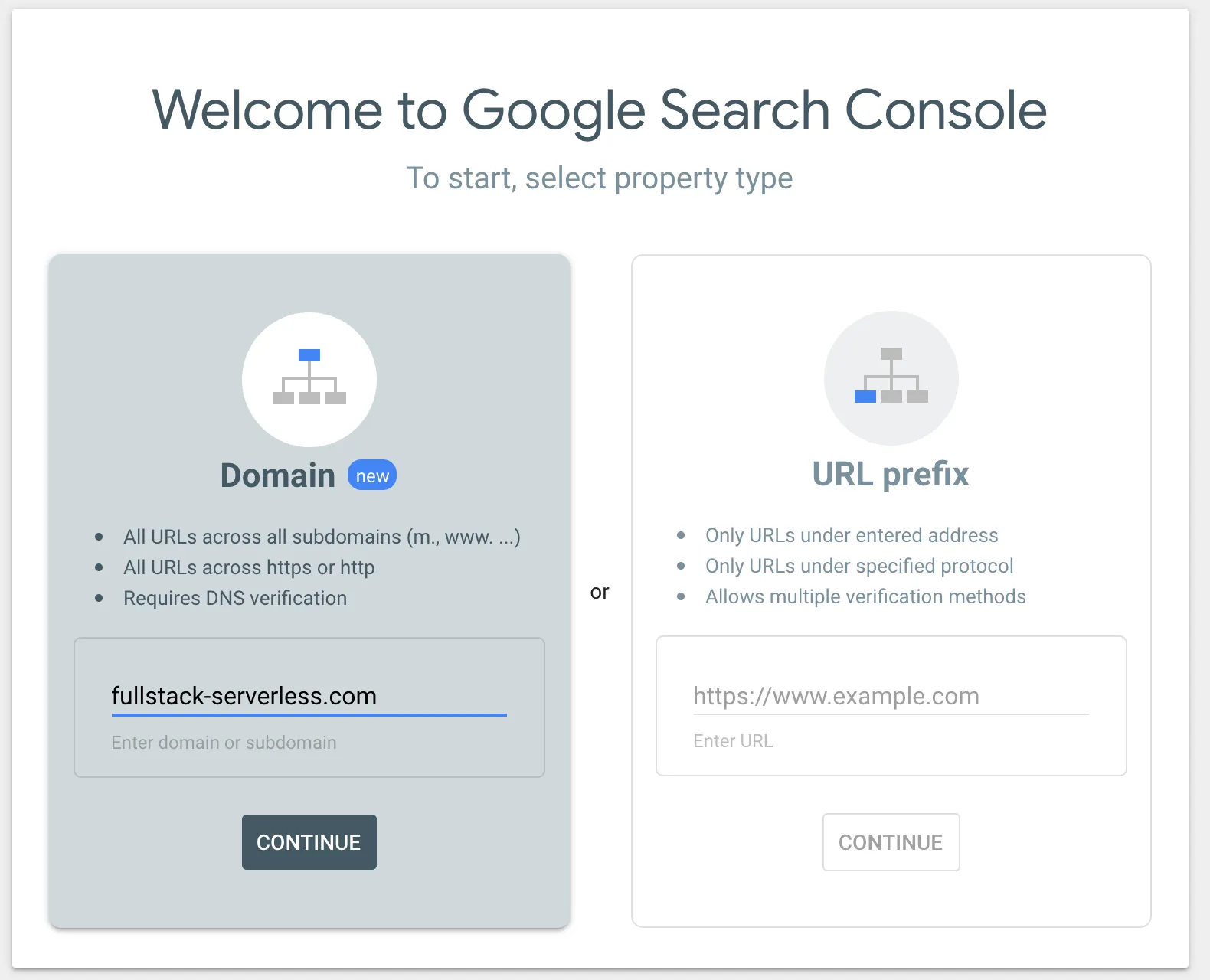 Google Search Console add domain screen.