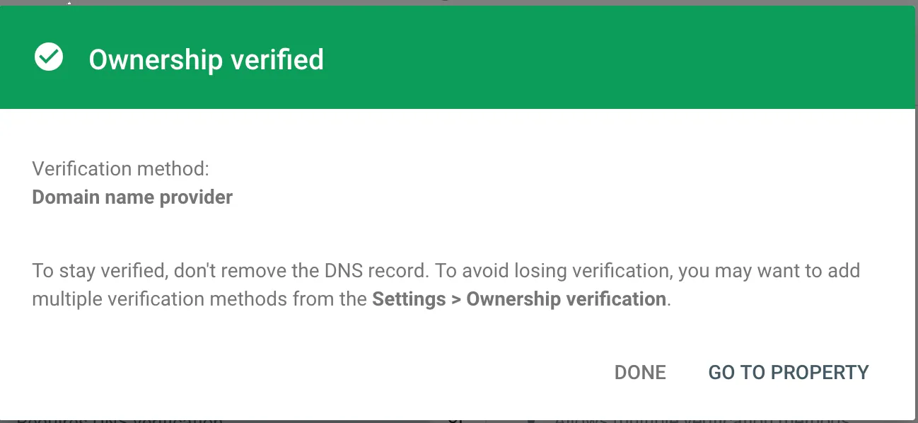 Google search console verified correctly dialog box.