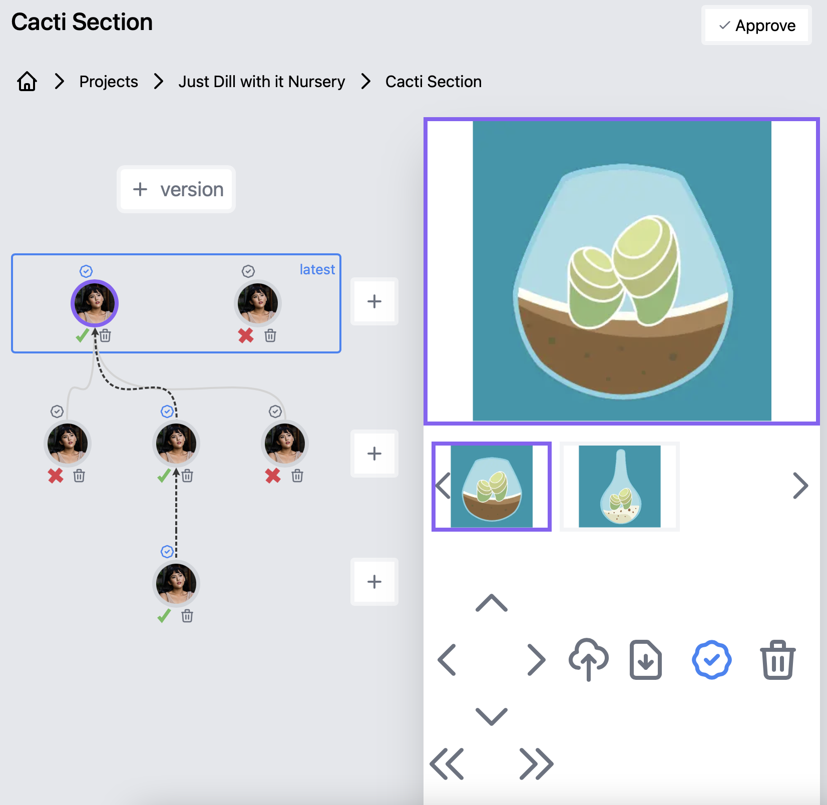 Source Compare item detail for a cacti image, with a branching version tree, selected asset, alternative thumbnails, vote markers, and approval control
