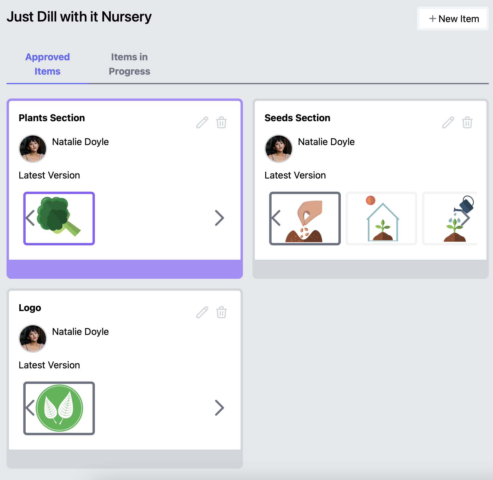 Source Compare project view showing three approved item cards with thumbnail previews of their latest versions